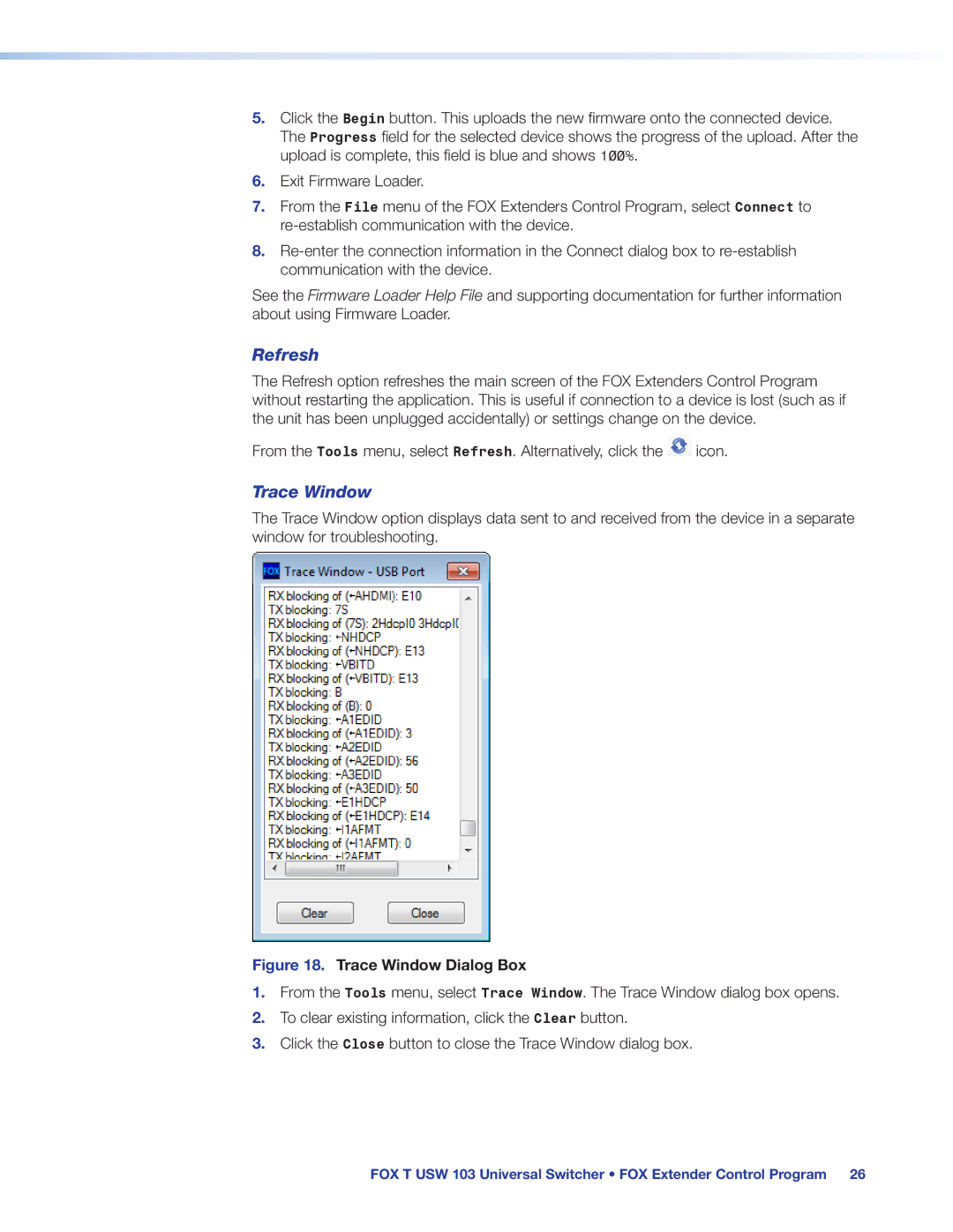 Extron electronic FOX T USW 103 manual Refresh, Trace Window 