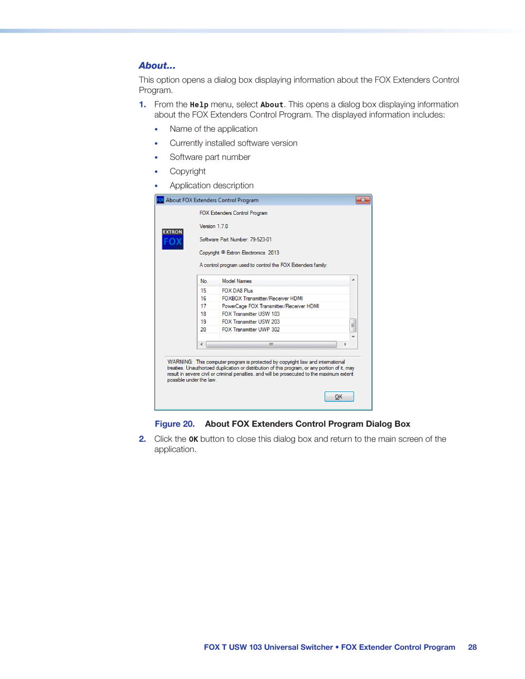 Extron electronic FOX T USW 103 manual About FOX Extenders Control Program Dialog Box 