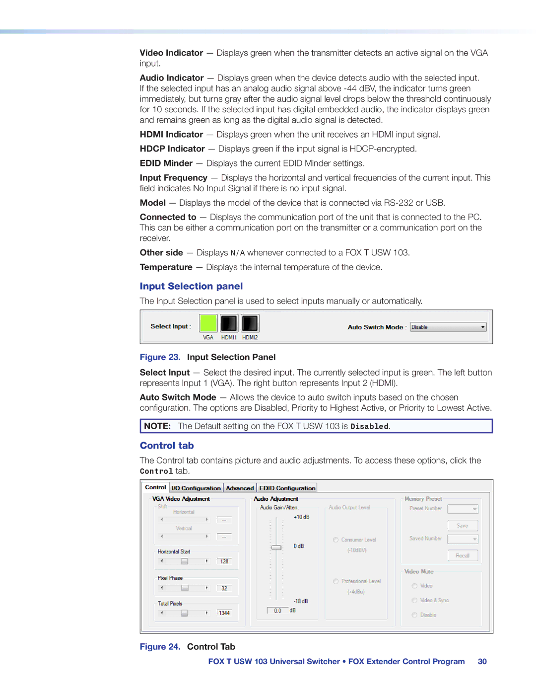 Extron electronic FOX T USW 103 manual Input Selection panel, Control tab 