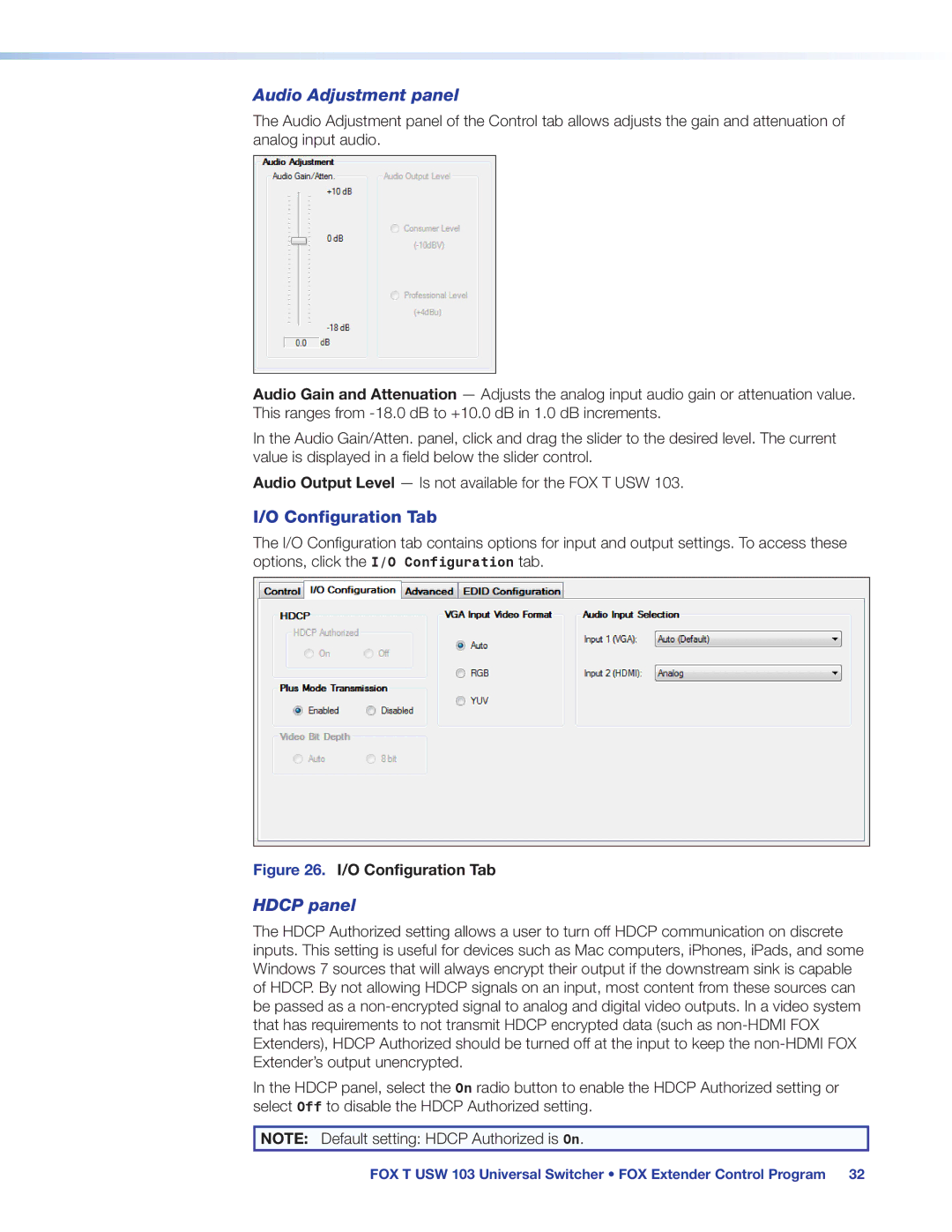 Extron electronic FOX T USW 103 manual Audio Adjustment panel, Configuration Tab, Hdcp panel 