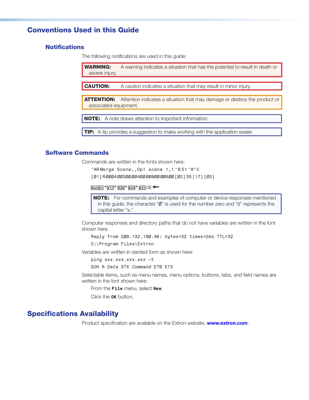 Extron electronic FOX T USW 103 manual Conventions Used in this Guide, Specifications Availability, Notifications 