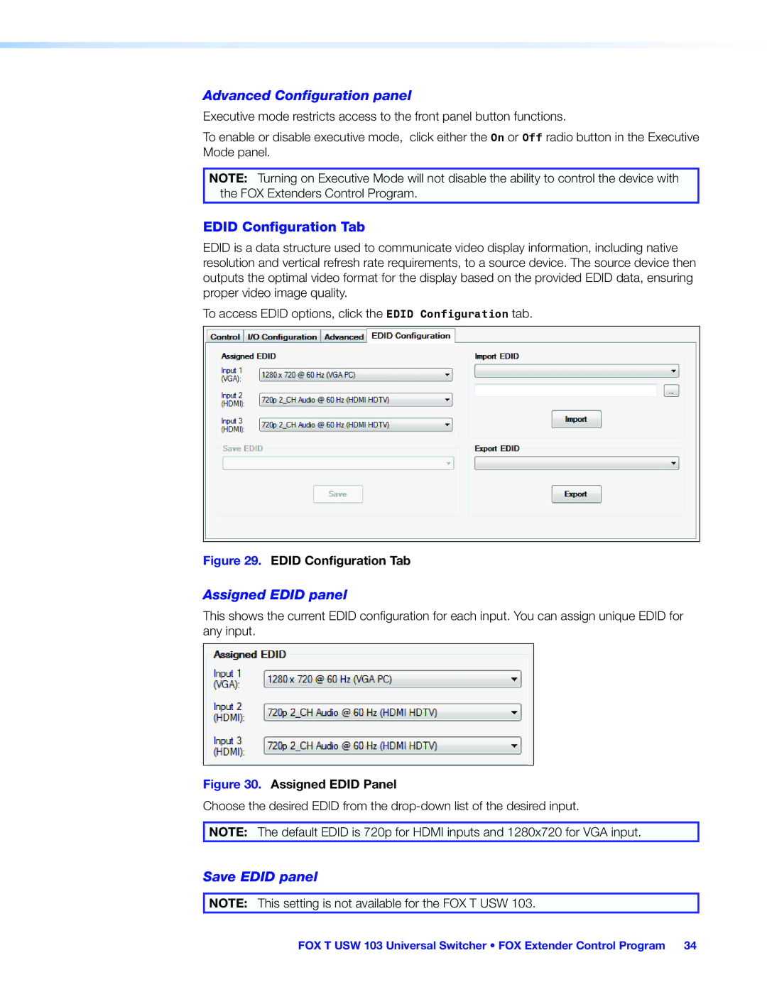 Extron electronic FOX T USW 103 Advanced Configuration panel, Edid Configuration Tab, Assigned Edid panel, Save Edid panel 