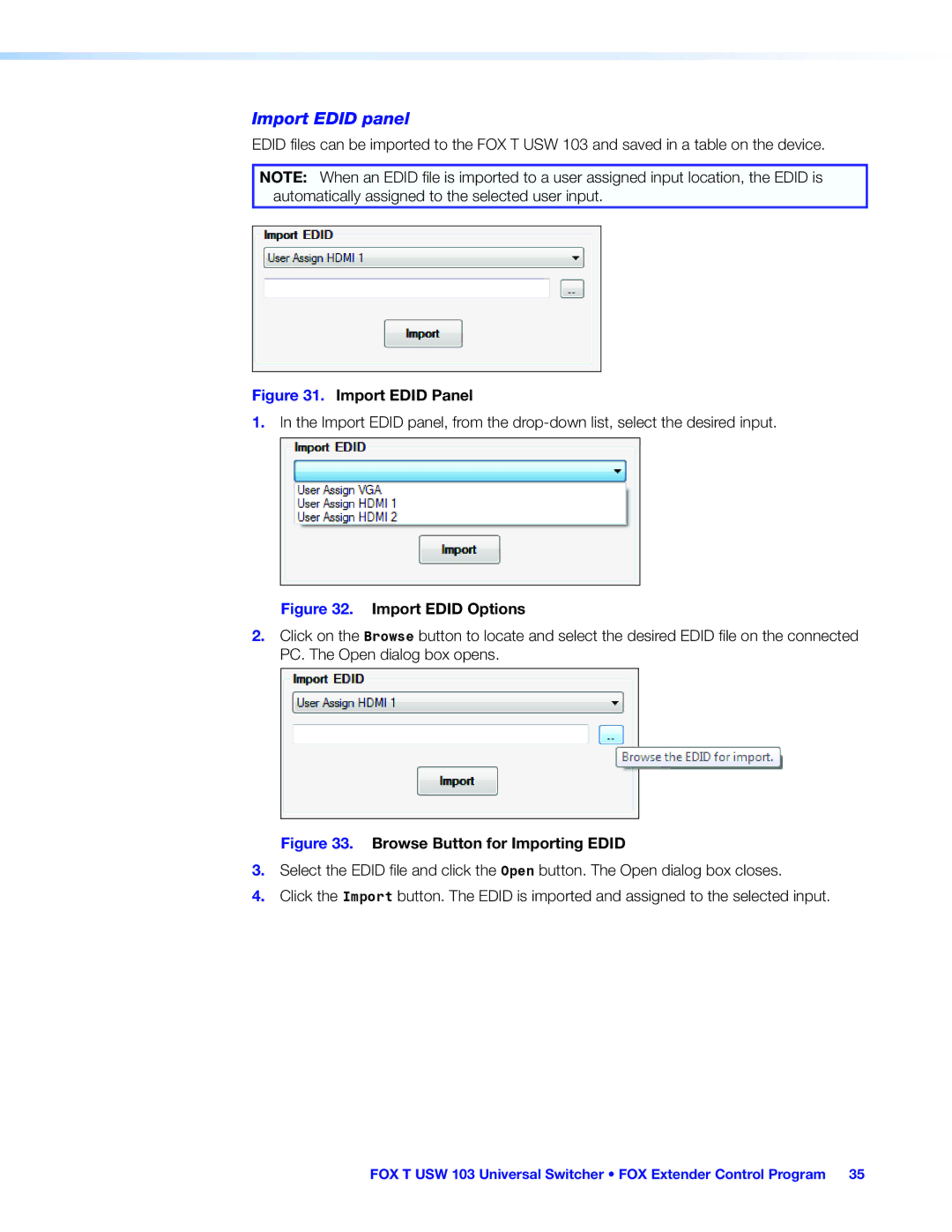 Extron electronic FOX T USW 103 manual Import Edid panel, Import Edid Panel 