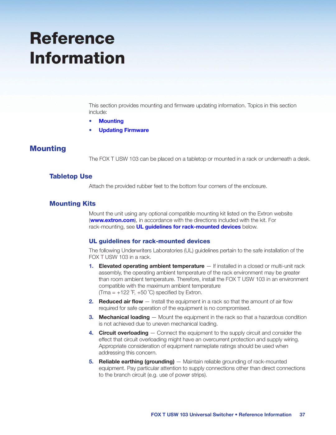 Extron electronic FOX T USW 103 manual Reference Information, Tabletop Use, Mounting Kits 