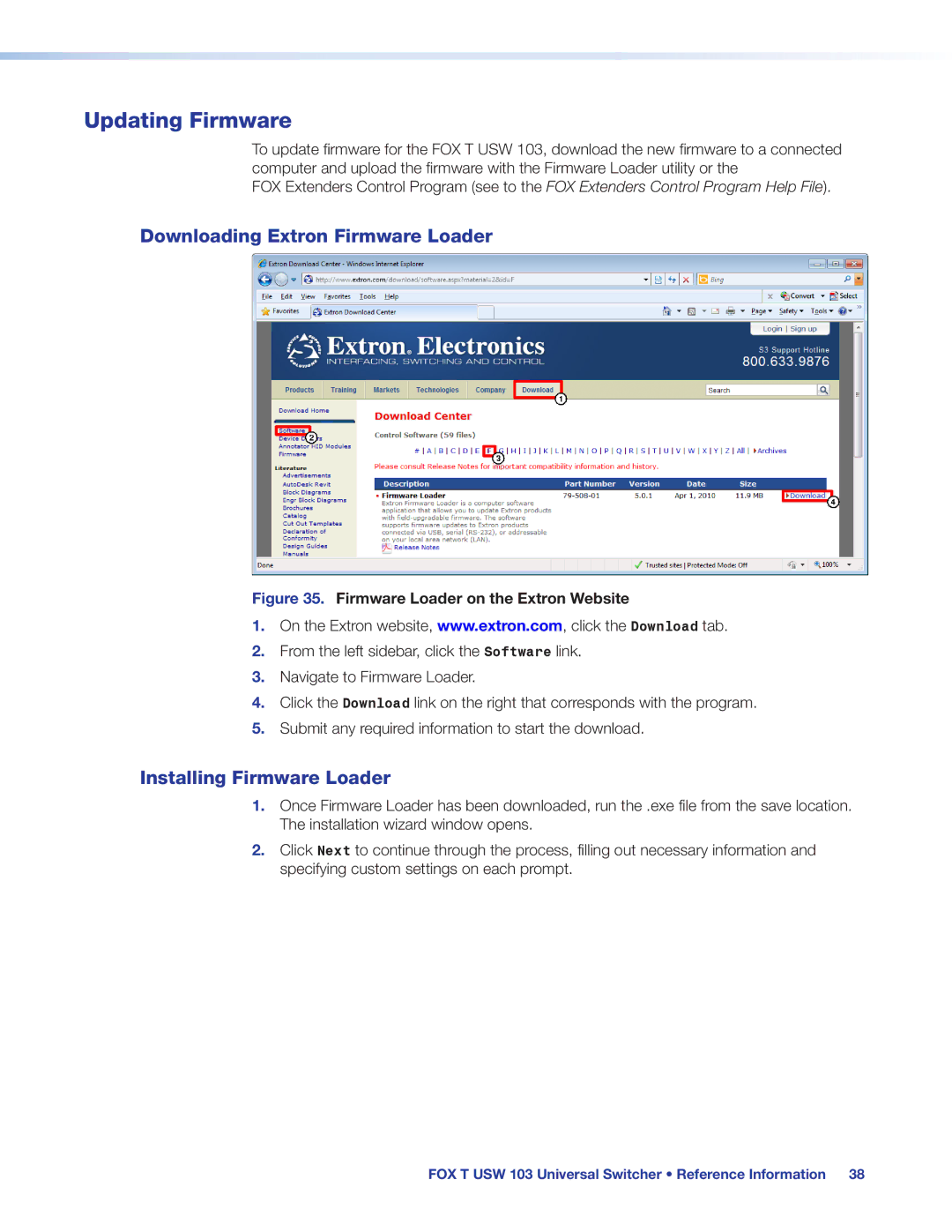 Extron electronic FOX T USW 103 manual Updating Firmware, Downloading Extron Firmware Loader, Installing Firmware Loader 