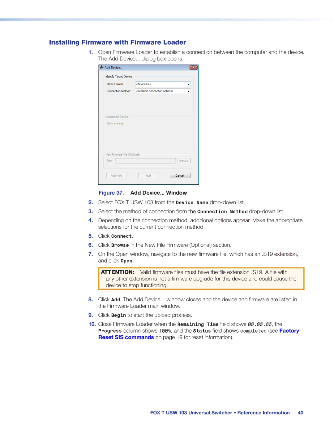 Extron electronic FOX T USW 103 manual Installing Firmware with Firmware Loader, Add Device... Window 