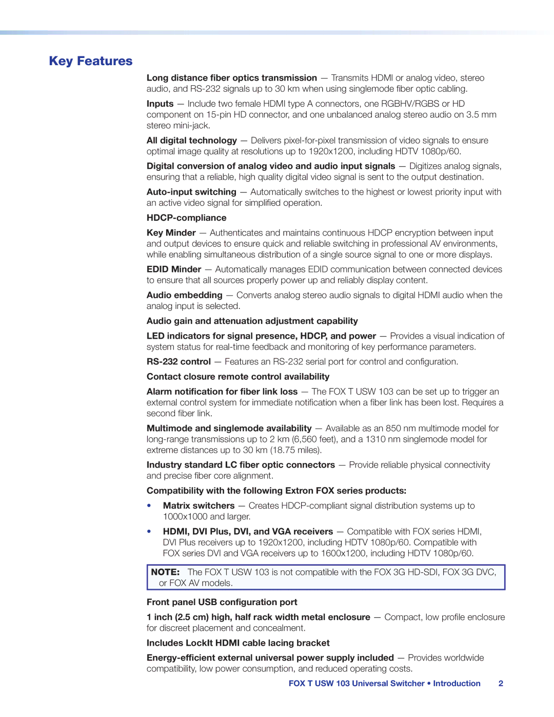 Extron electronic FOX T USW 103 manual Key Features, HDCP-compliance, Contact closure remote control availability 