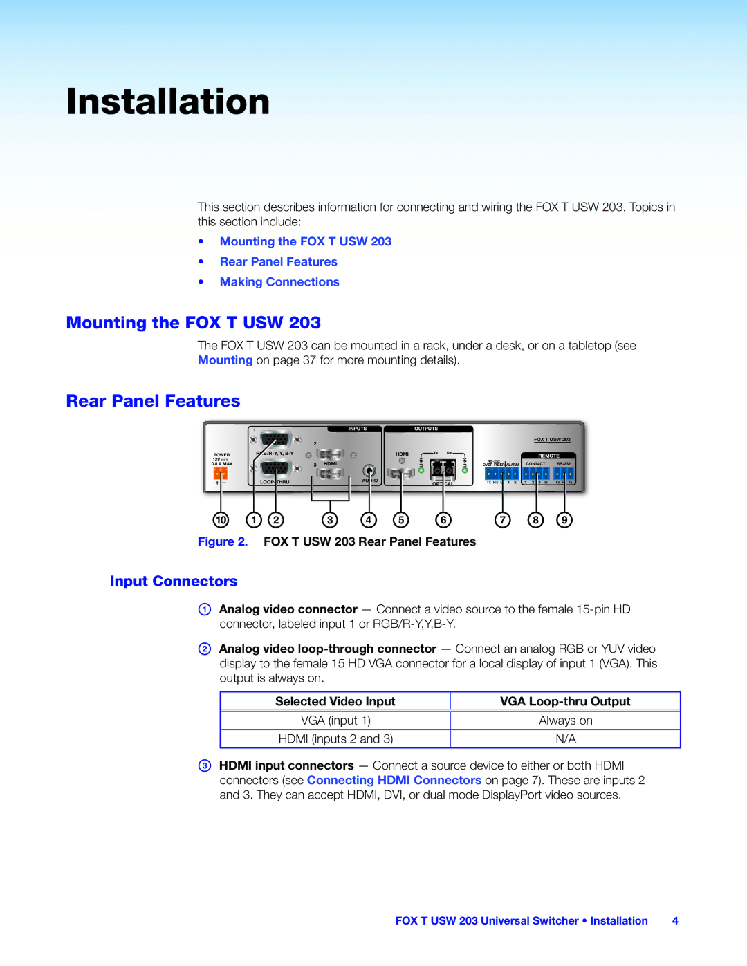 Extron electronic FOX T USW 203 manual Installation, Mounting the FOX T USW, Rear Panel Features, Input Connectors 