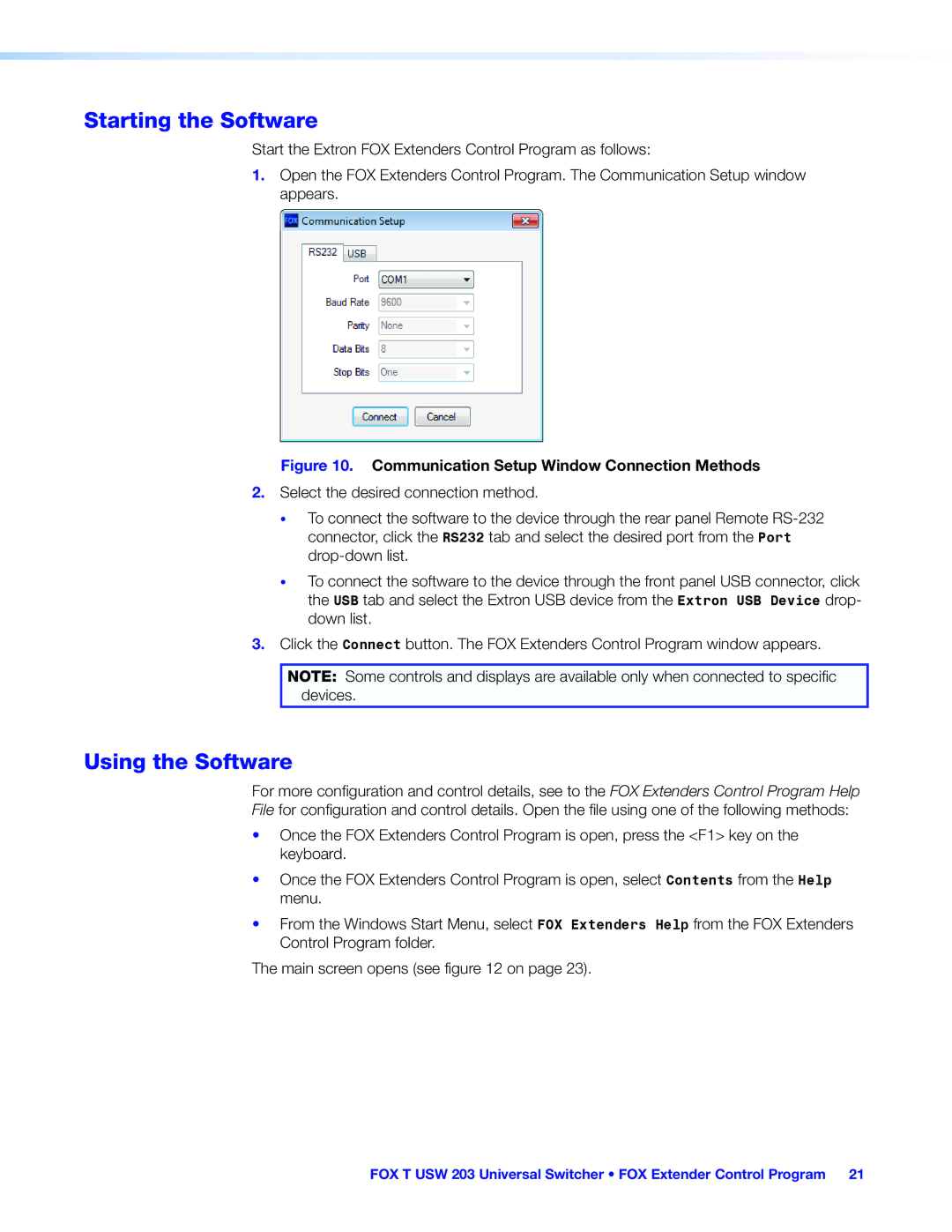 Extron electronic FOX T USW 203 manual Starting the Software, Using the Software 