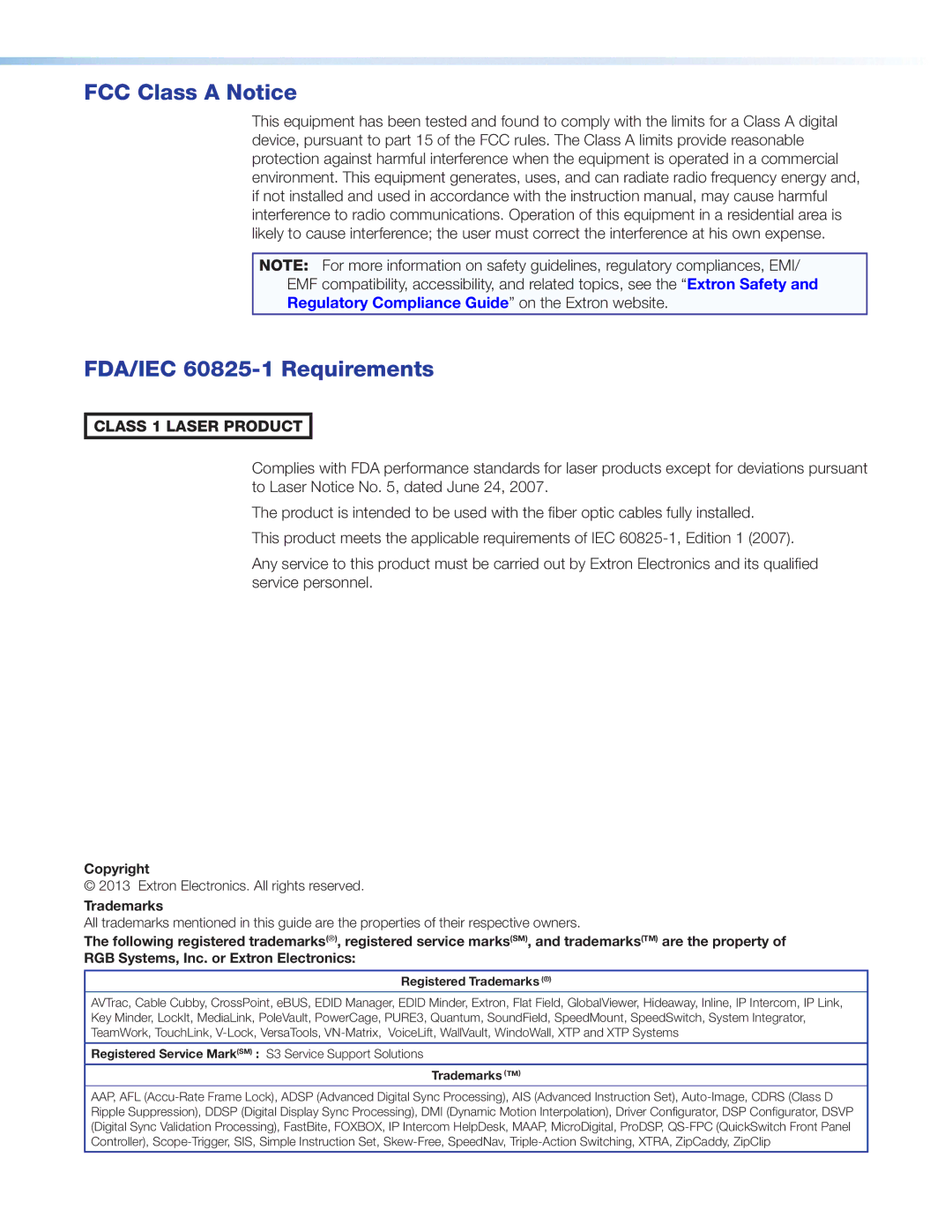 Extron electronic FOX T USW 203 manual FCC Class a Notice, FDA/IEC 60825-1 Requirements 