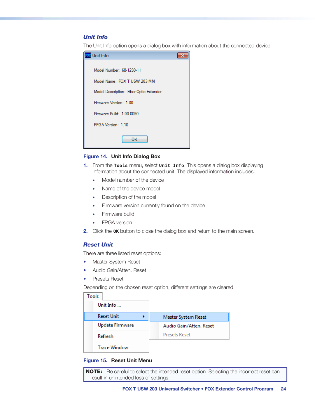 Extron electronic FOX T USW 203 manual Unit Info, Reset Unit 