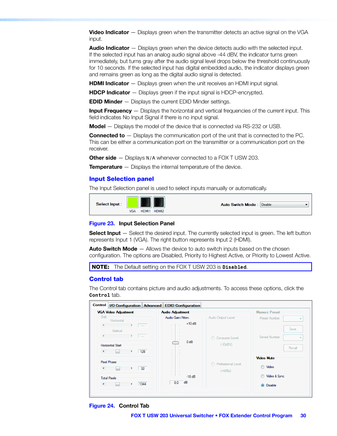 Extron electronic FOX T USW 203 manual Input Selection panel, Control tab 