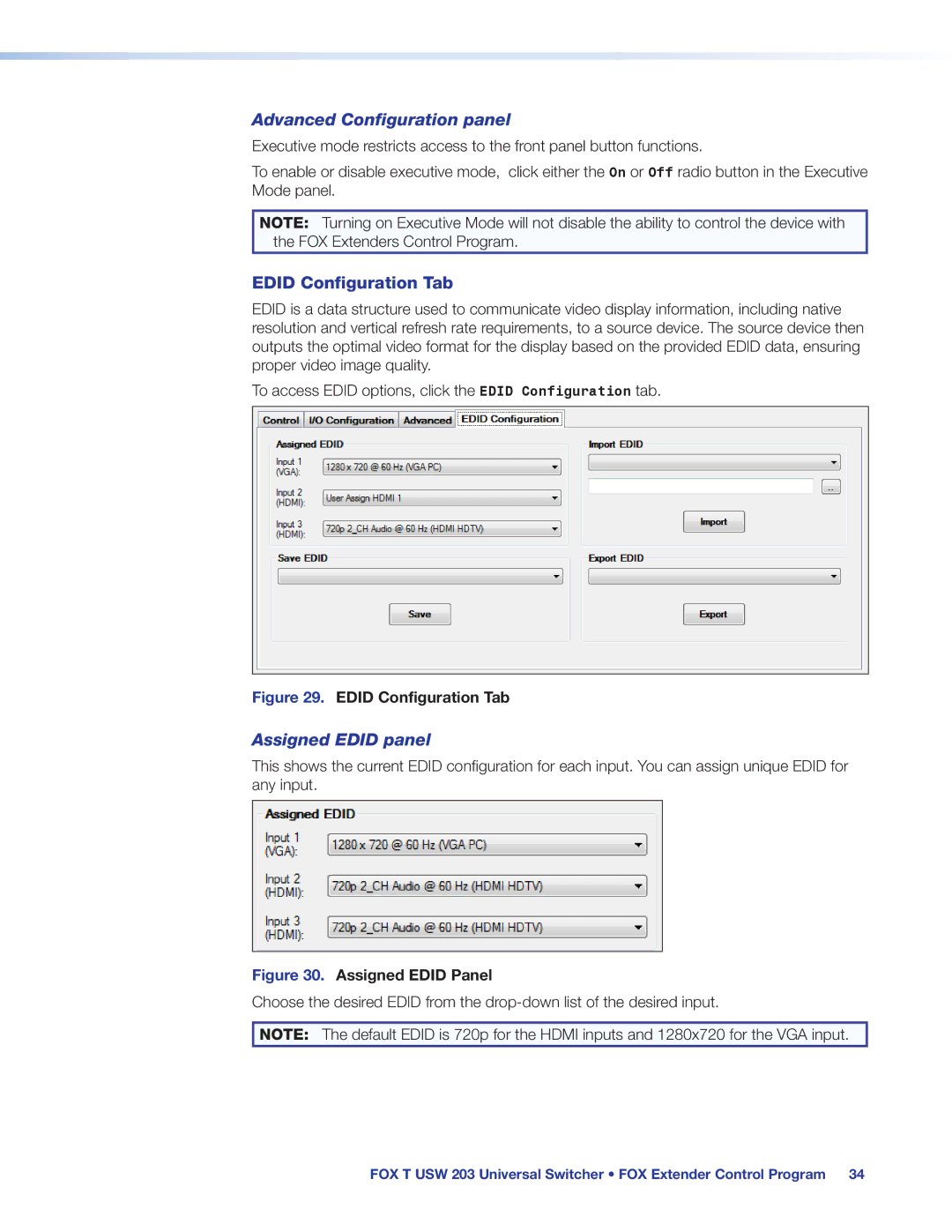 Extron electronic FOX T USW 203 manual Advanced Configuration panel, Edid Configuration Tab, Assigned Edid panel 