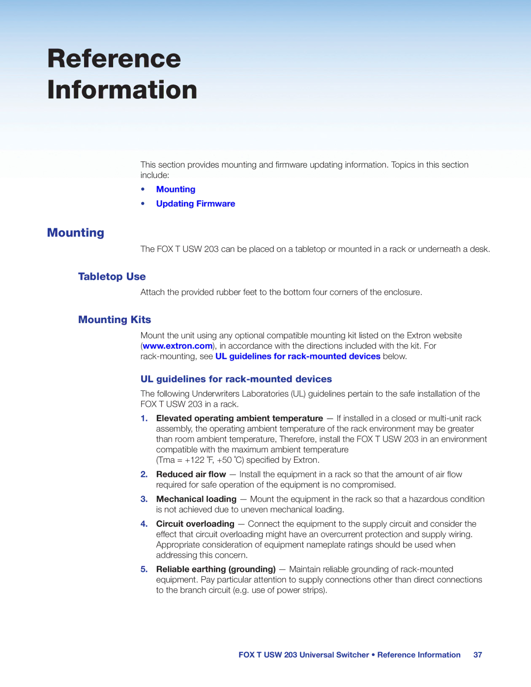 Extron electronic FOX T USW 203 manual Reference Information, Tabletop Use, Mounting Kits 