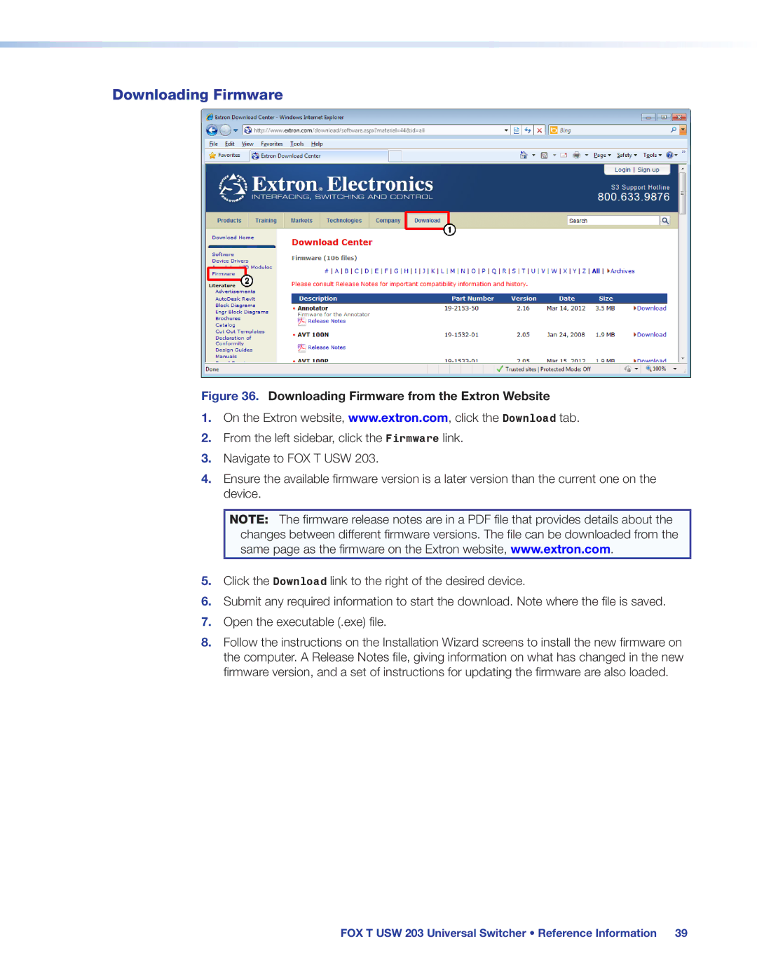 Extron electronic FOX T USW 203 manual Downloading Firmware from the Extron Website 