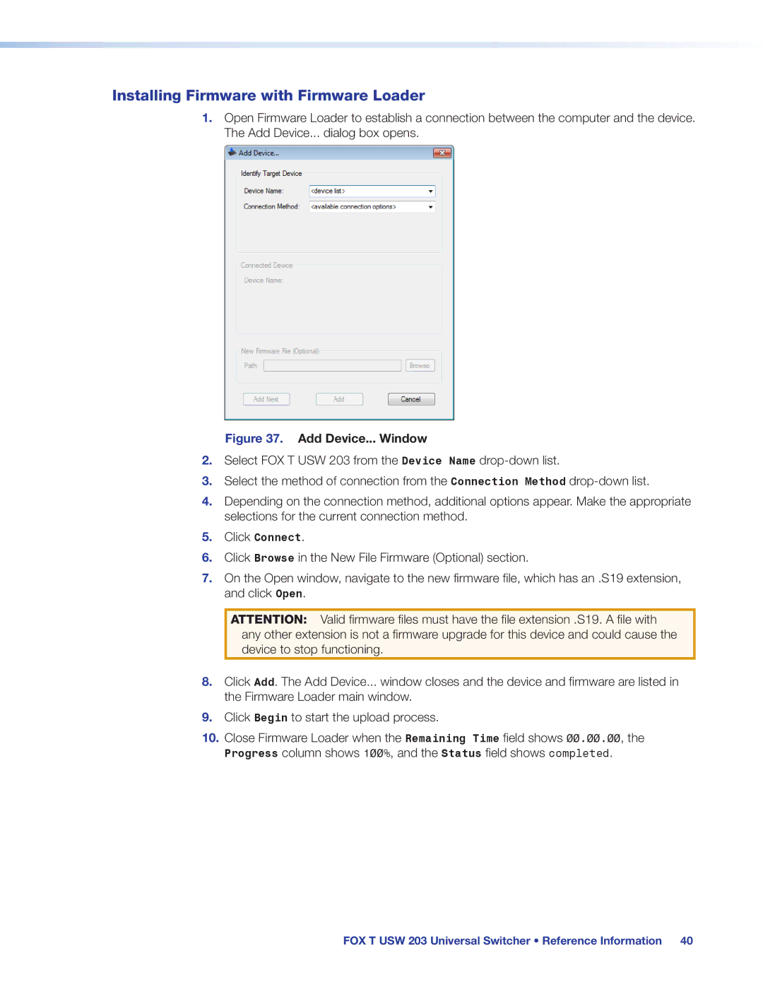 Extron electronic FOX T USW 203 manual Installing Firmware with Firmware Loader, Add Device... Window 