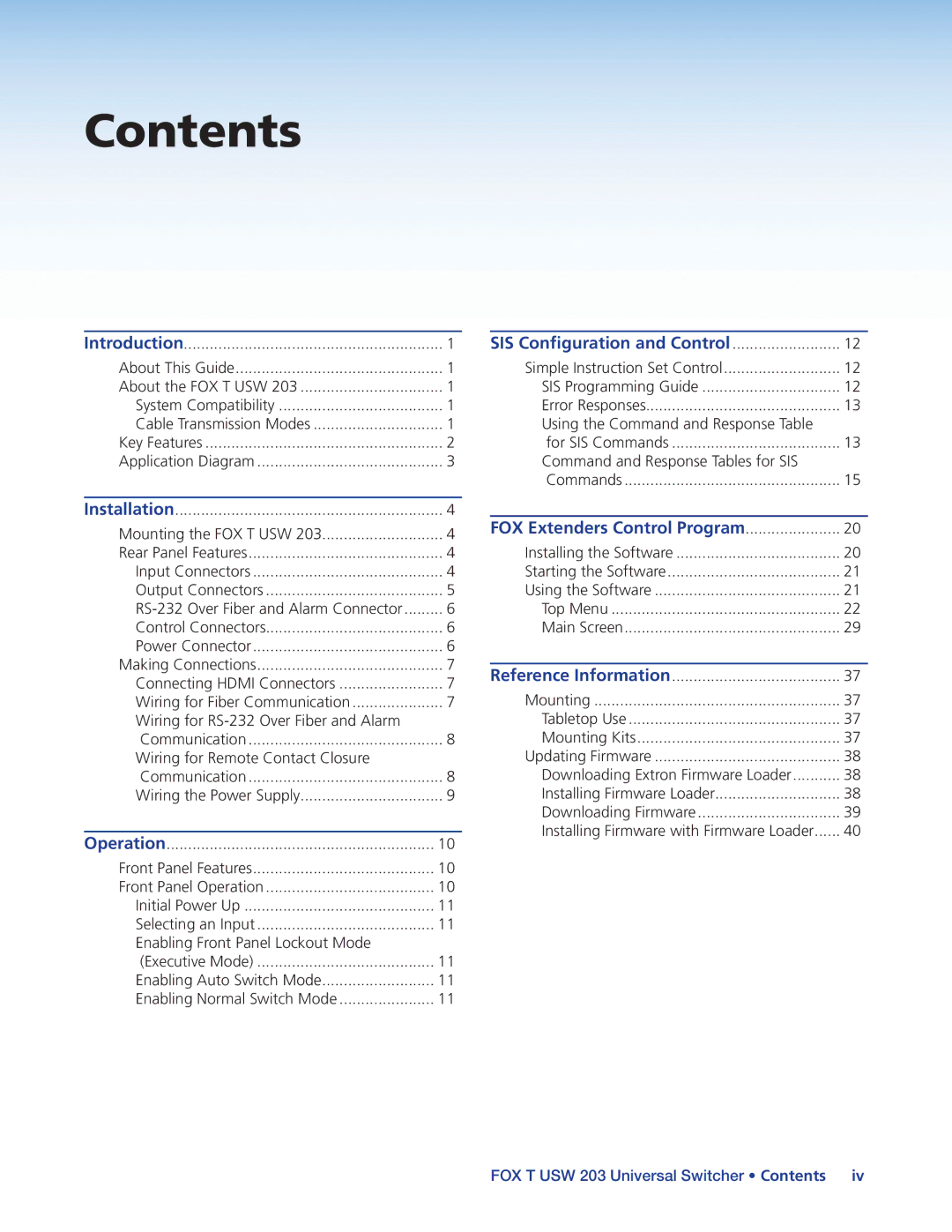 Extron electronic FOX T USW 203 manual Contents 