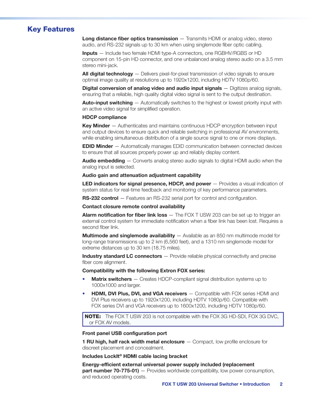 Extron electronic FOX T USW 203 manual Key Features, Hdcp compliance, Contact closure remote control availability 