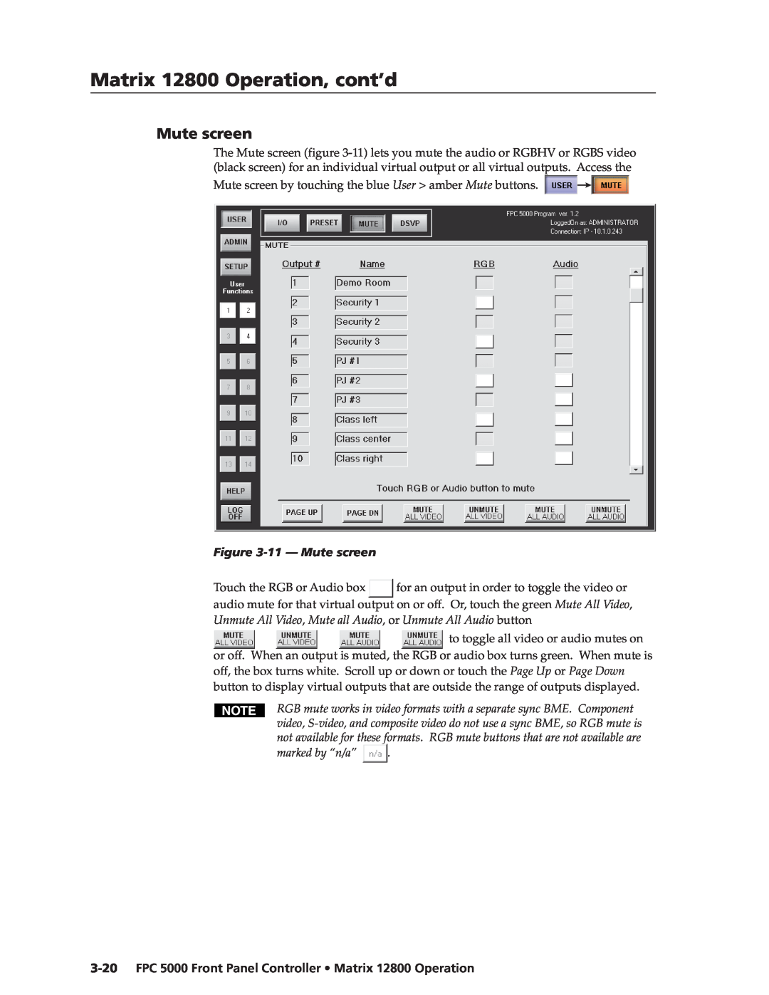 Extron electronic manual 11 - Mute screen, marked by “n/a”, FPC 5000 Front Panel Controller Matrix 12800 Operation 