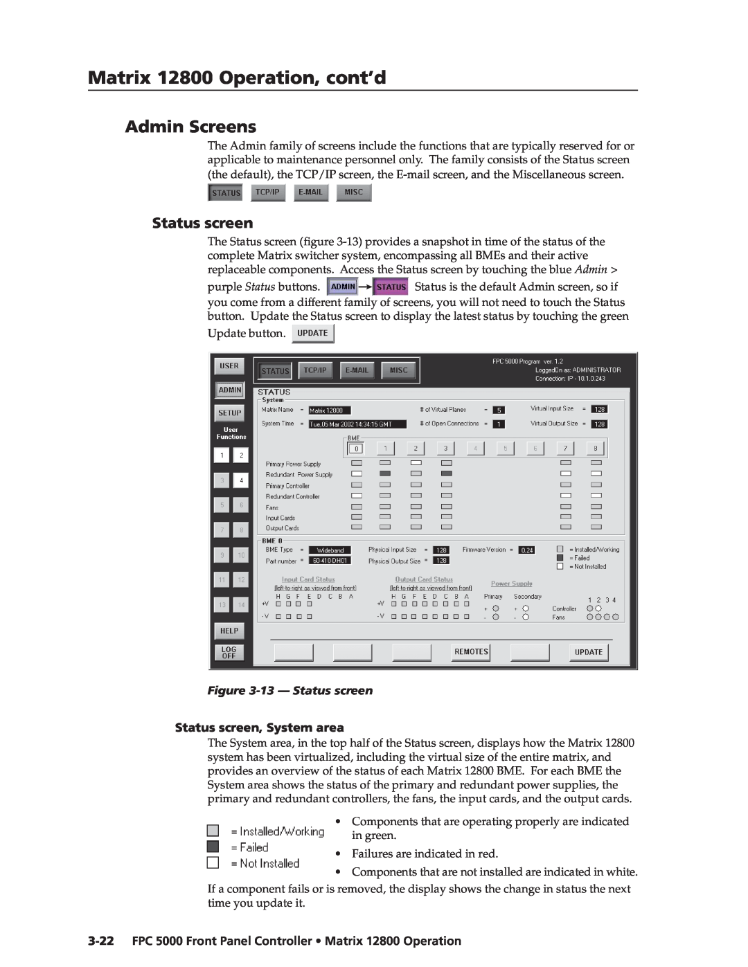 Extron electronic FPC 5000 manual Admin Screens, 13 - Status screen, Status screen, System area 