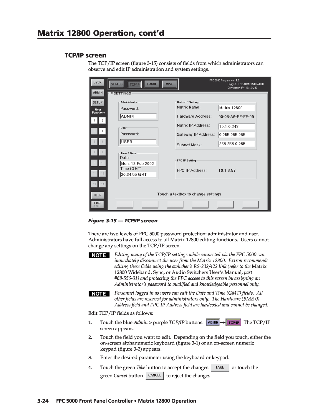 Extron electronic manual 15 - TCP/IP screen, FPC 5000 Front Panel Controller Matrix 12800 Operation 