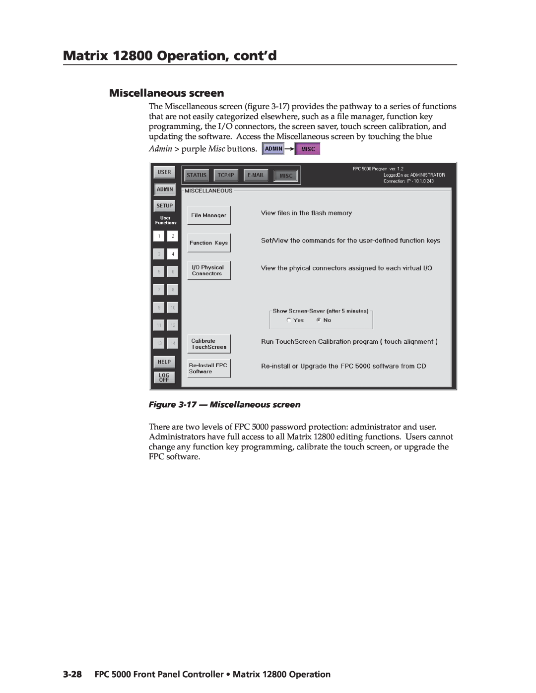 Extron electronic manual 17 - Miscellaneous screen, FPC 5000 Front Panel Controller Matrix 12800 Operation 