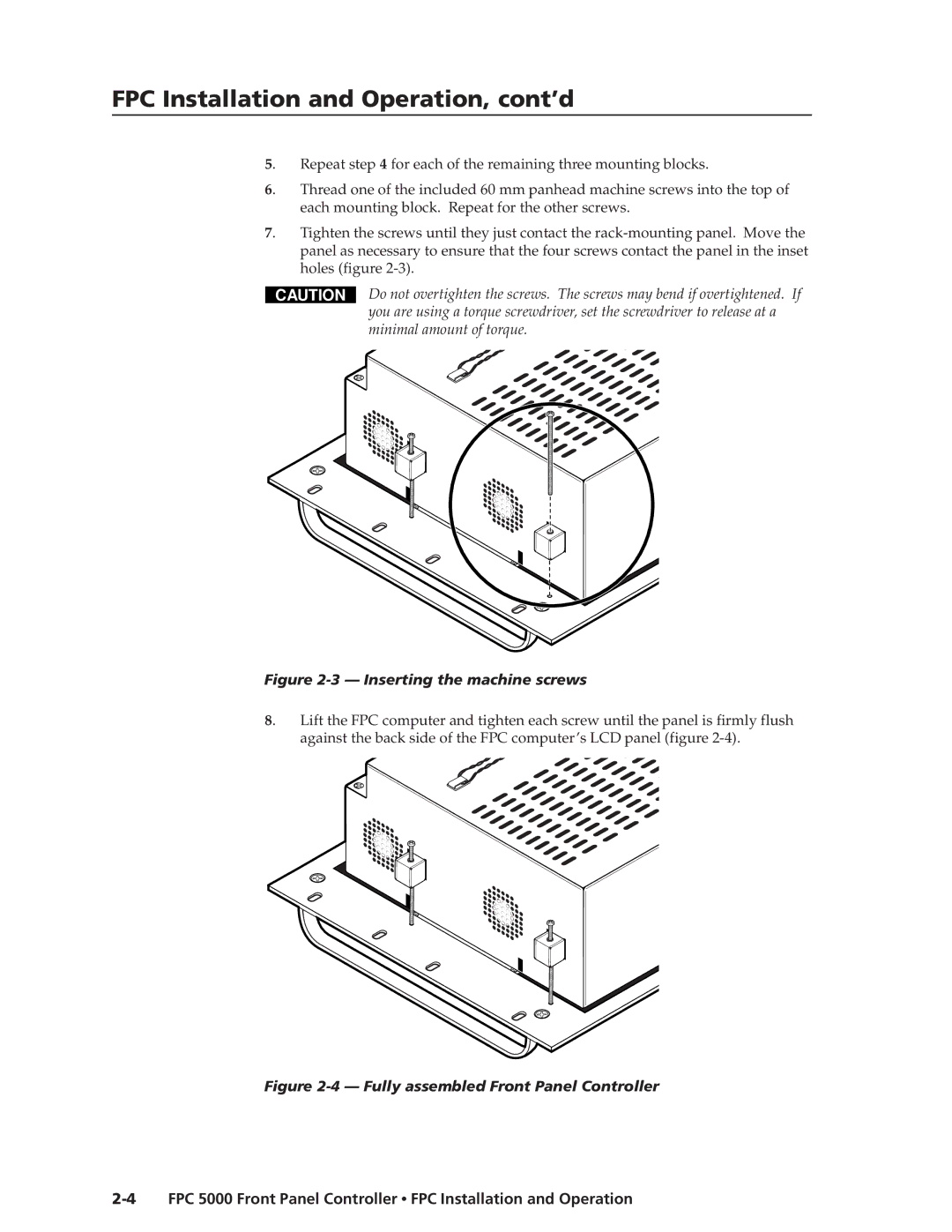 Extron electronic FPC 5000 manual FPC Installation and Operation, cont’d, Inserting the machine screws 