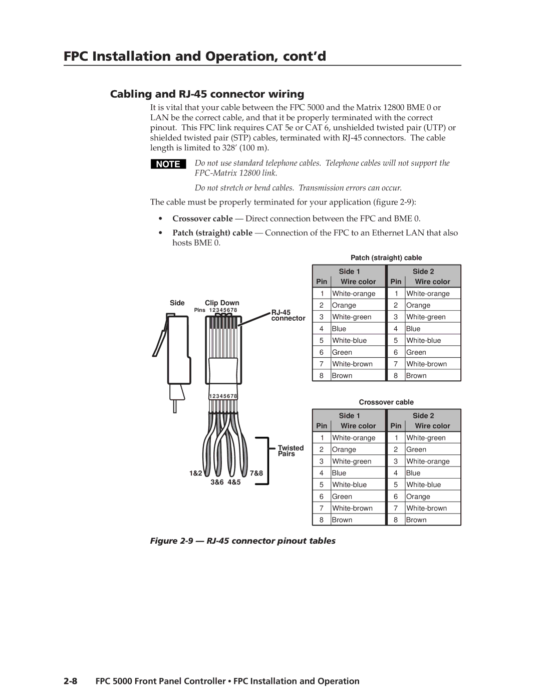 Extron electronic FPC 5000 manual Cabling and RJ-45 connector wiring, RJ-45 connector pinout tables 