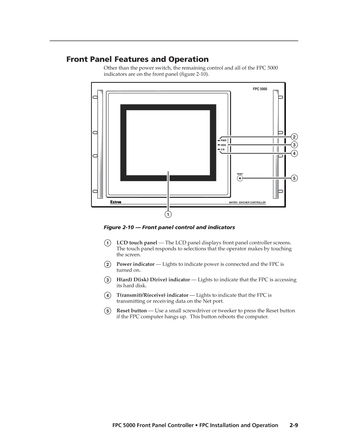 Extron electronic FPC 5000 manual Front Panel Features and Operation, Front panel control and indicators 