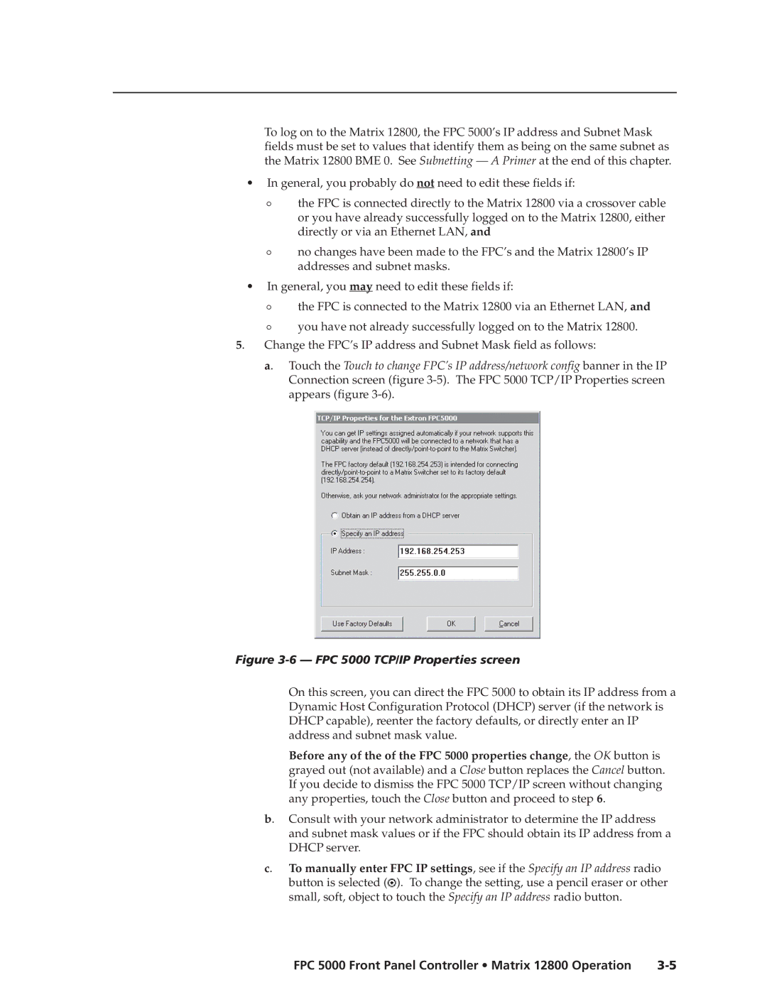 Extron electronic manual FPC 5000 TCP/IP Properties screen 