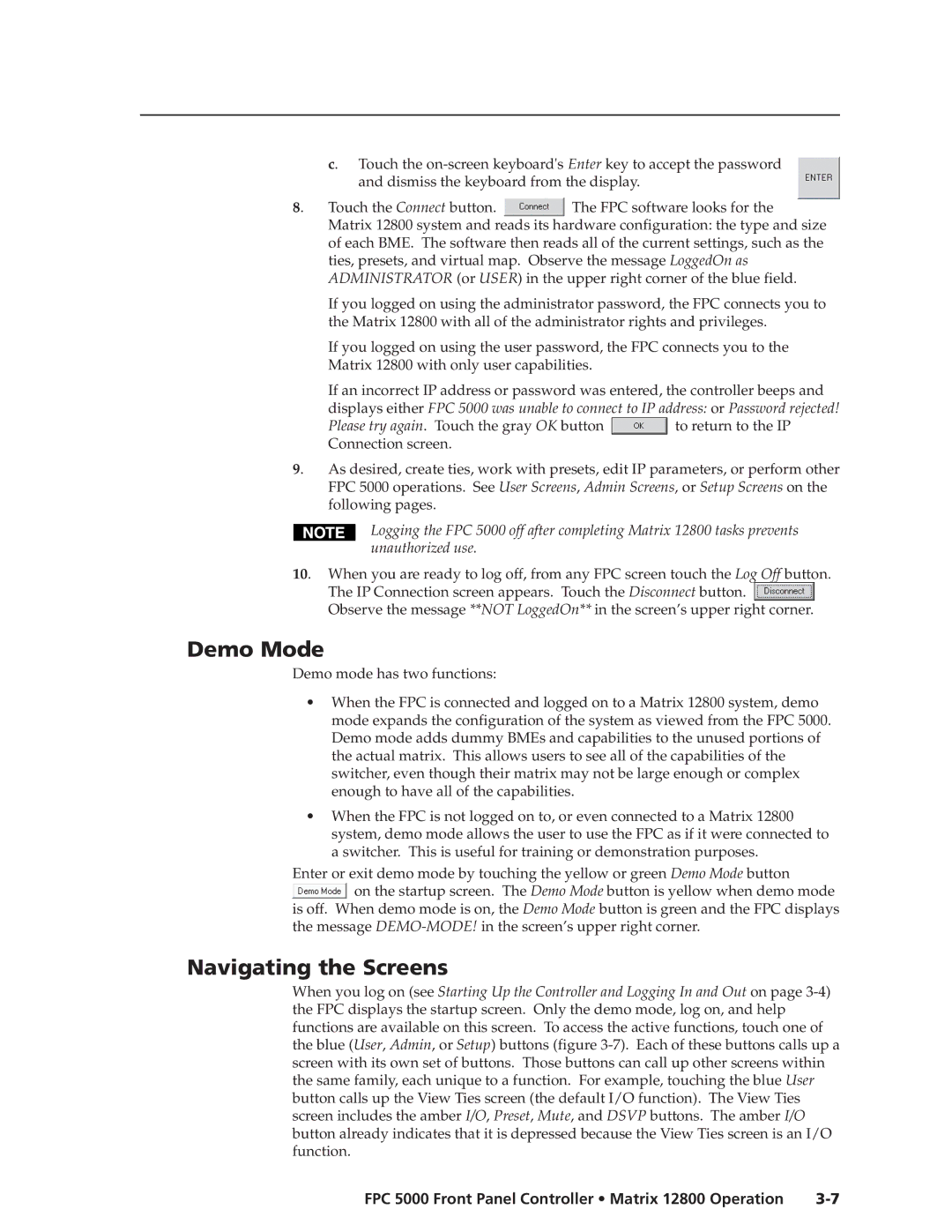 Extron electronic FPC 5000 manual Demo Mode, Navigating the Screens 