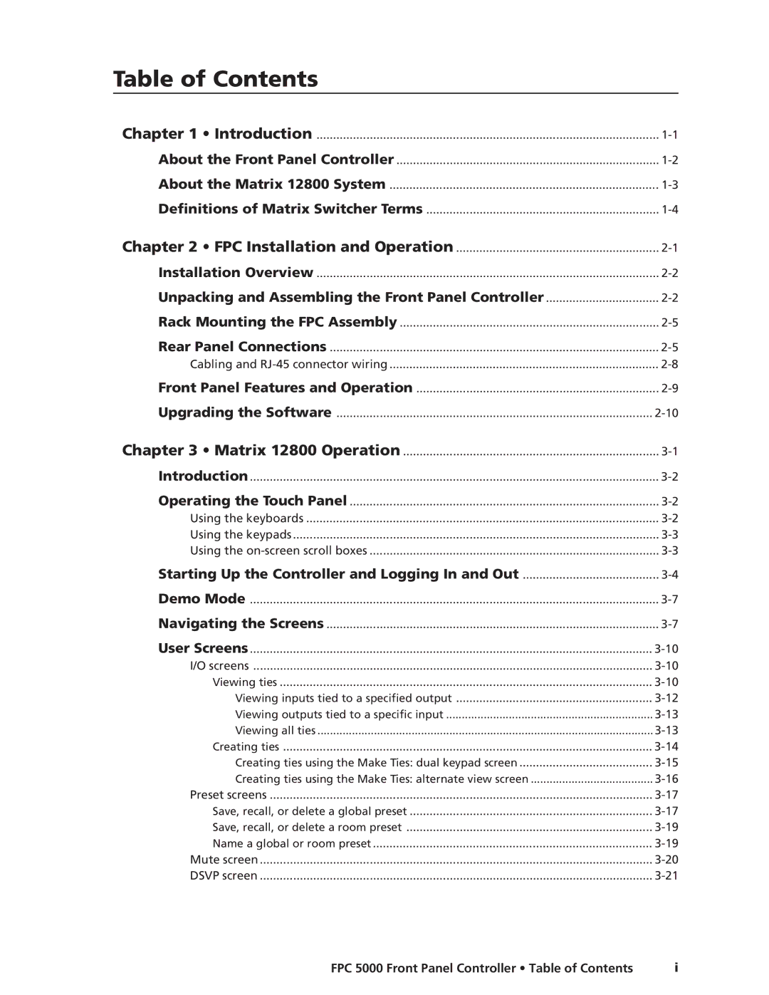 Extron electronic FPC 5000 manual Table of Contents 