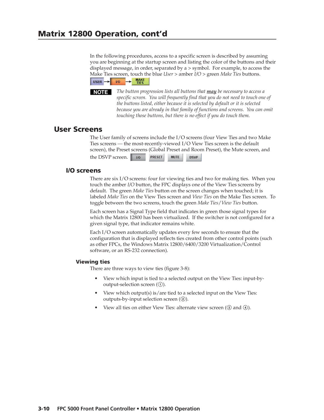 Extron electronic FPC 5000 manual User Screens, Viewing ties 