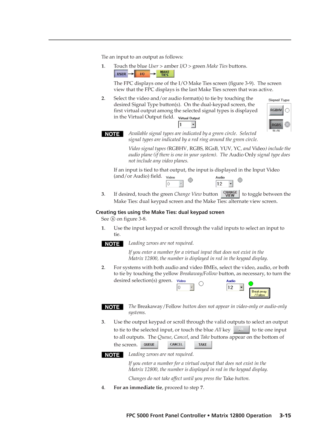 Extron electronic FPC 5000 manual Creating ties using the Make Ties dual keypad screen 