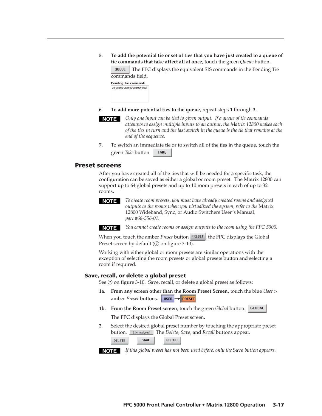 Extron electronic FPC 5000 manual Preset screens, Save, recall, or delete a global preset 