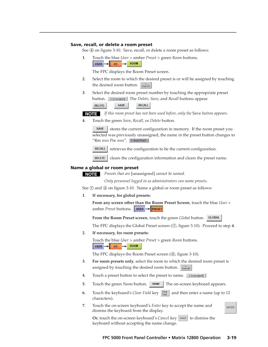 Extron electronic FPC 5000 manual Save, recall, or delete a room preset, Name a global or room preset 