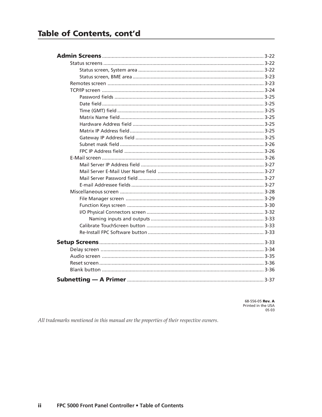 Extron electronic FPC 5000 manual Table of Contents, cont’d 