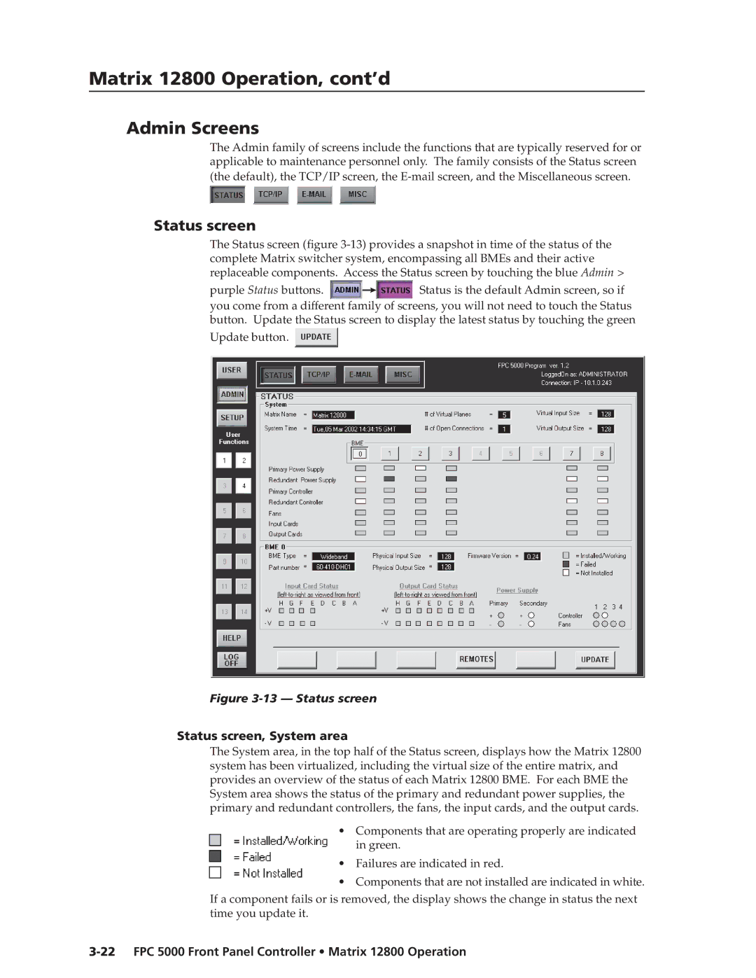 Extron electronic FPC 5000 manual Admin Screens, Status screen, System area 