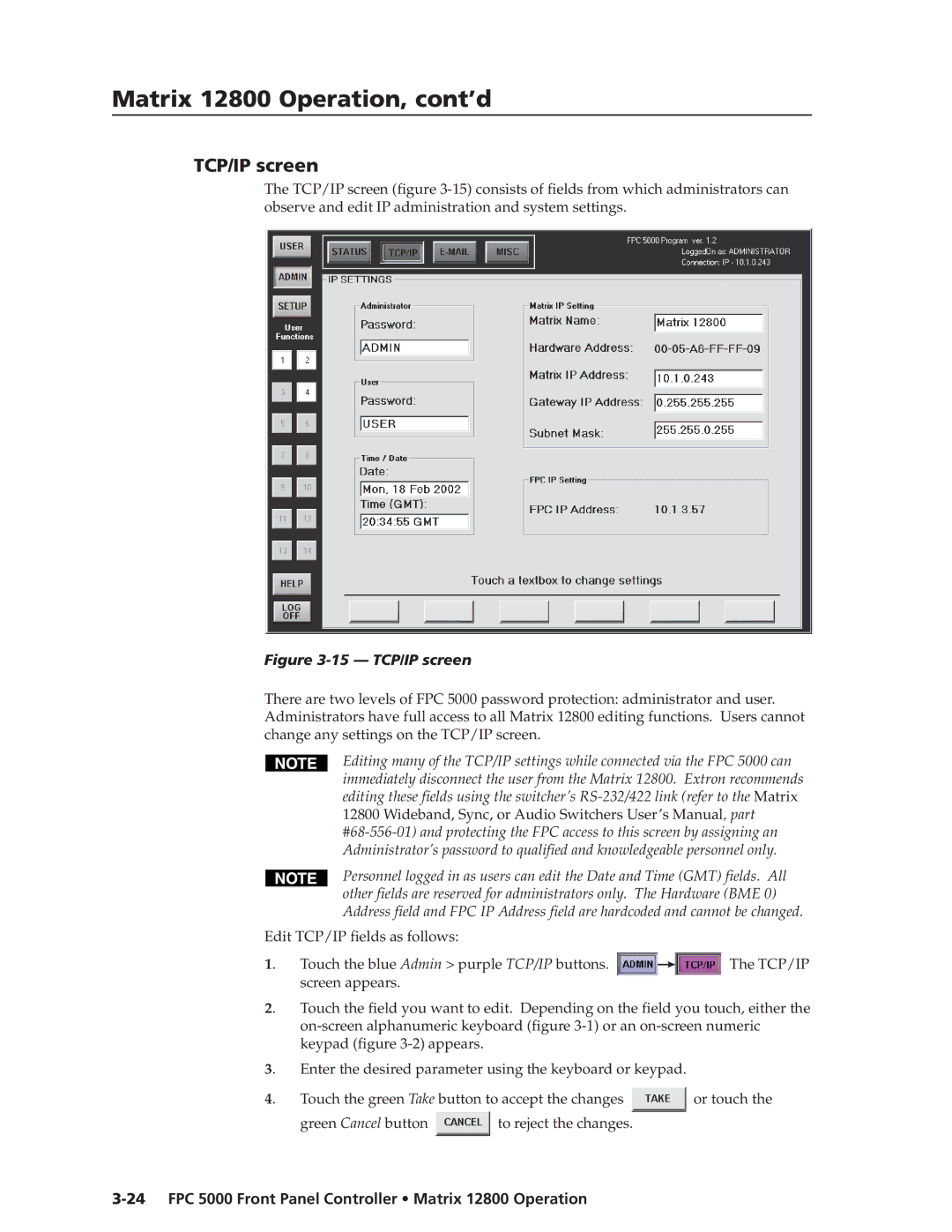 Extron electronic FPC 5000 manual 15 TCP/IP screen 