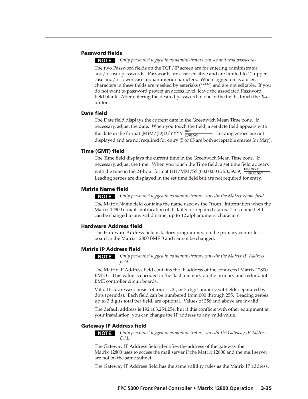 Extron electronic FPC 5000 manual Password fields, Date field, Time GMT field, Matrix Name field, Hardware Address field 