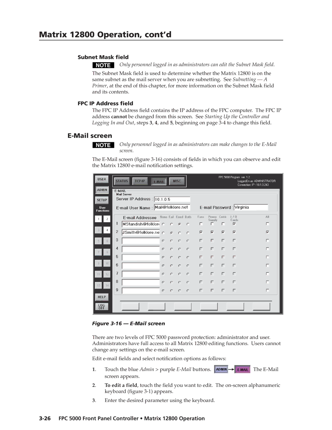 Extron electronic FPC 5000 manual Mail screen, Subnet Mask field, FPC IP Address field 