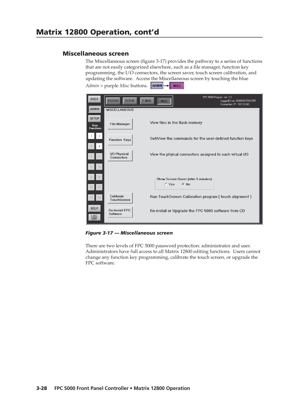 Extron electronic FPC 5000 manual Miscellaneous screen 