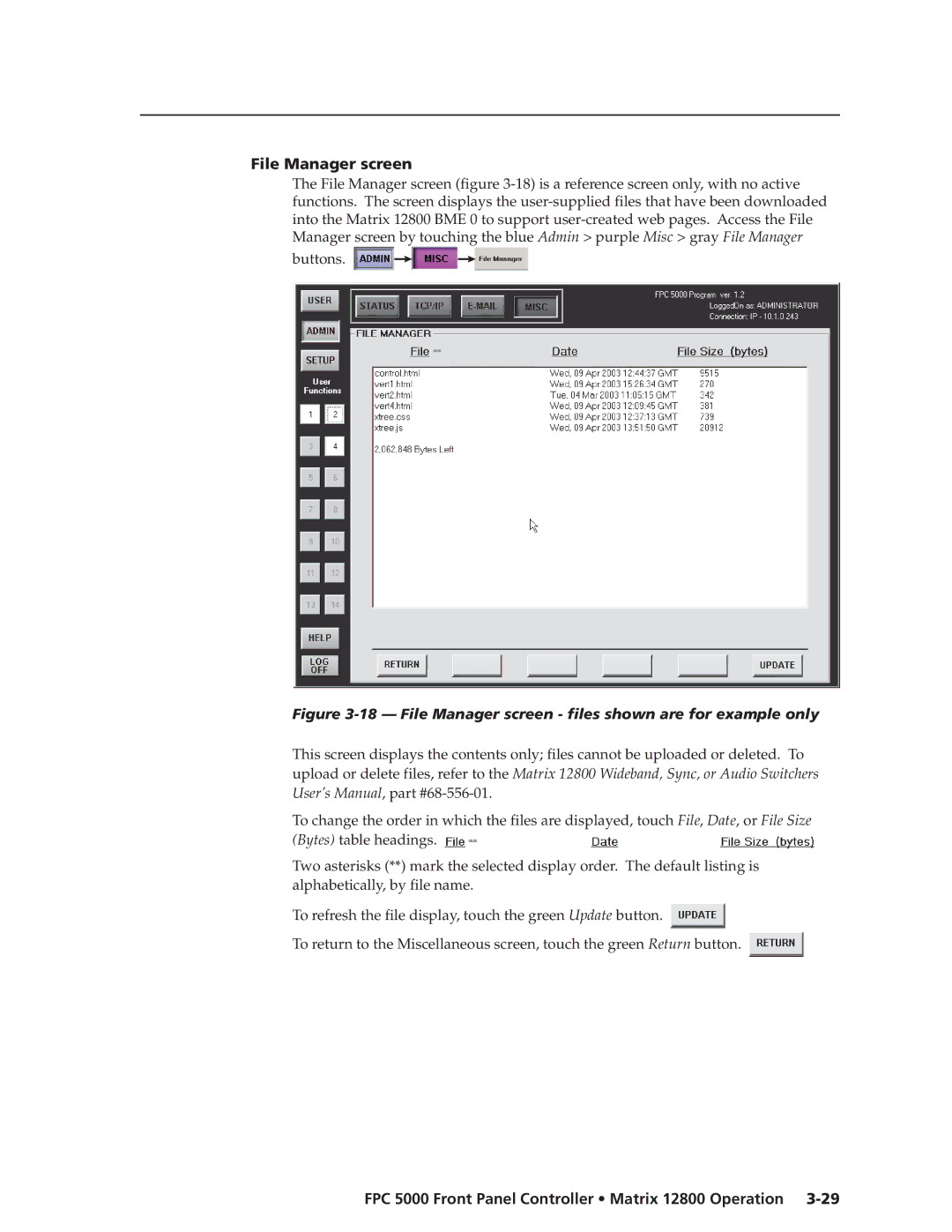 Extron electronic FPC 5000 manual File Manager screen files shown are for example only 