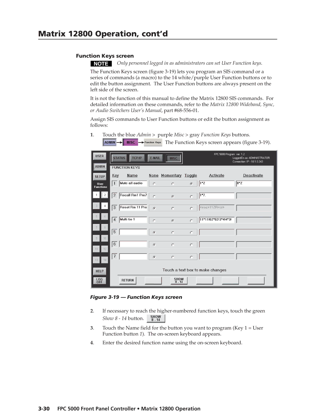 Extron electronic FPC 5000 manual Function Keys screen, Show 8 14 button 