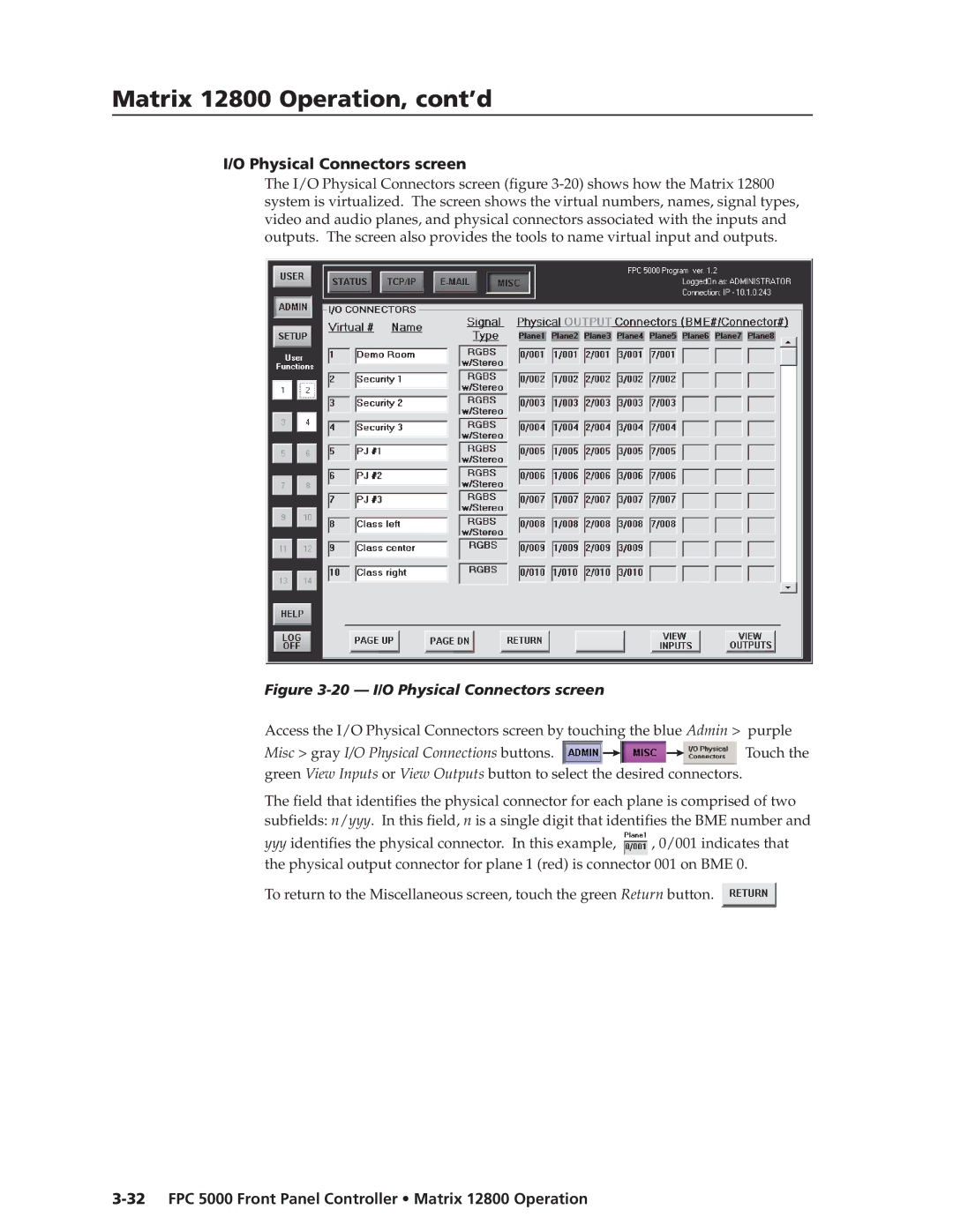 Extron electronic FPC 5000 manual 20 I/O Physical Connectors screen 