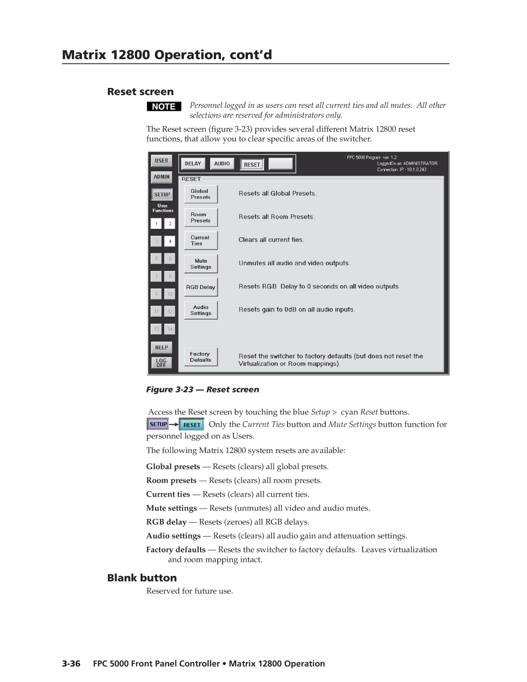 Extron electronic FPC 5000 manual Reset screen, Blank button 