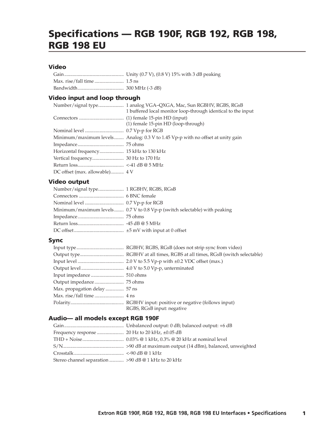 Extron electronic GB 190F specifications Video input and loop through, Video output, Sync 