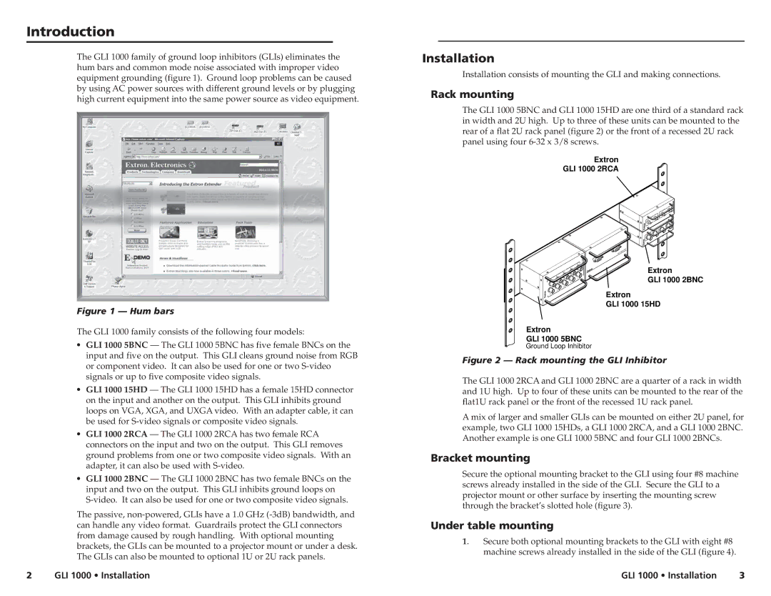 Extron electronic GLI 1000 5BNC, GLI 1000 2BNC manual Introductionstallation, Installation, Rack mounting, Bracket mounting 