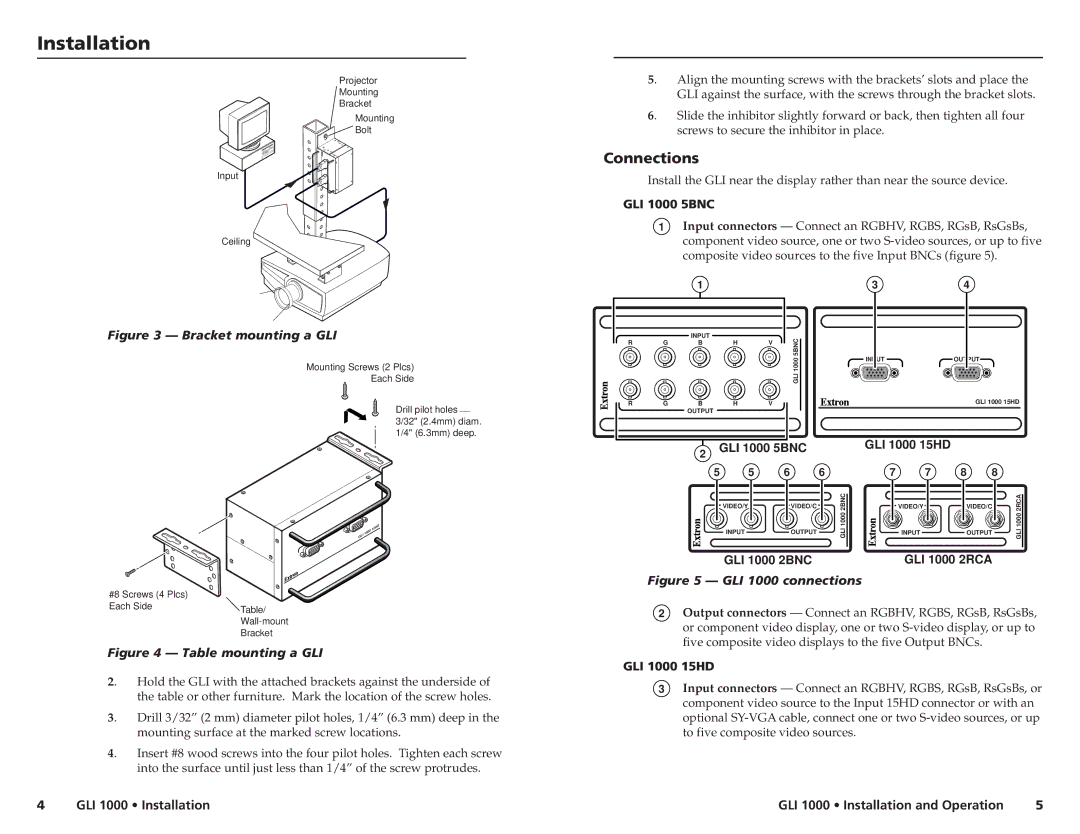 Extron electronic GLI 1000 15HD, GLI 1000 2BNC, GLI 1000 2RCA, GLI 1000 5BNC manual Installation, Connections 