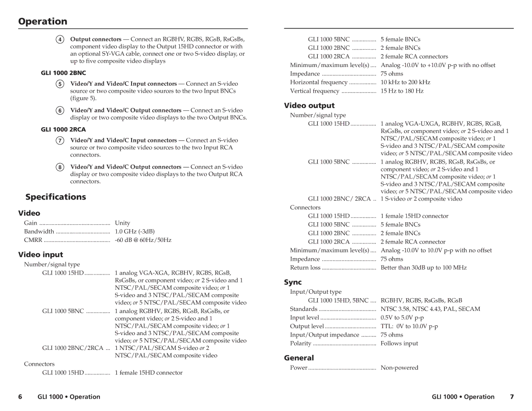 Extron electronic GLI 1000 2BNC, GLI 1000 2RCA, GLI 1000 5BNC, GLI 1000 15HD manual Operation, Specifications 